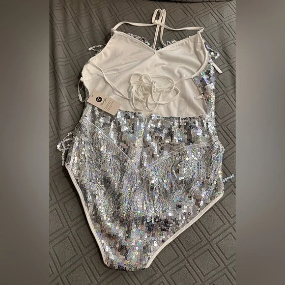 Bodysuit Leotard Sexy, Sequins Fringe large silver christmas new year party - Picture 5 of 9